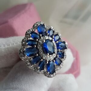 Swarovski Elements Blue Sapphire 925 Sterling Silver Statement Ring NEW
